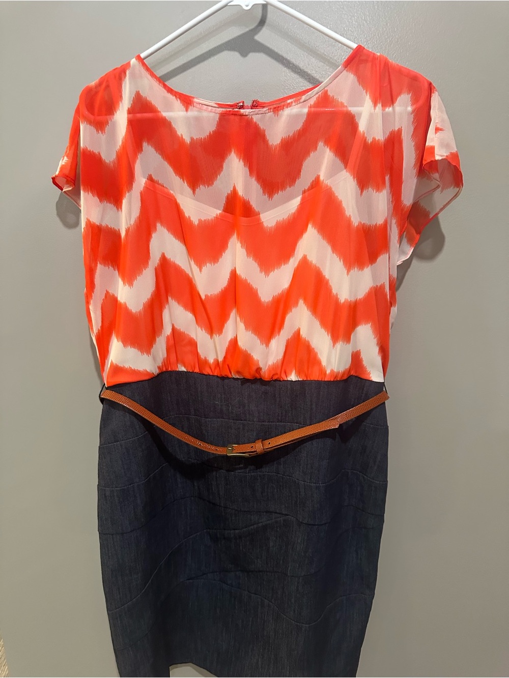 dressbarn Orange and White Chevron Blouse Top